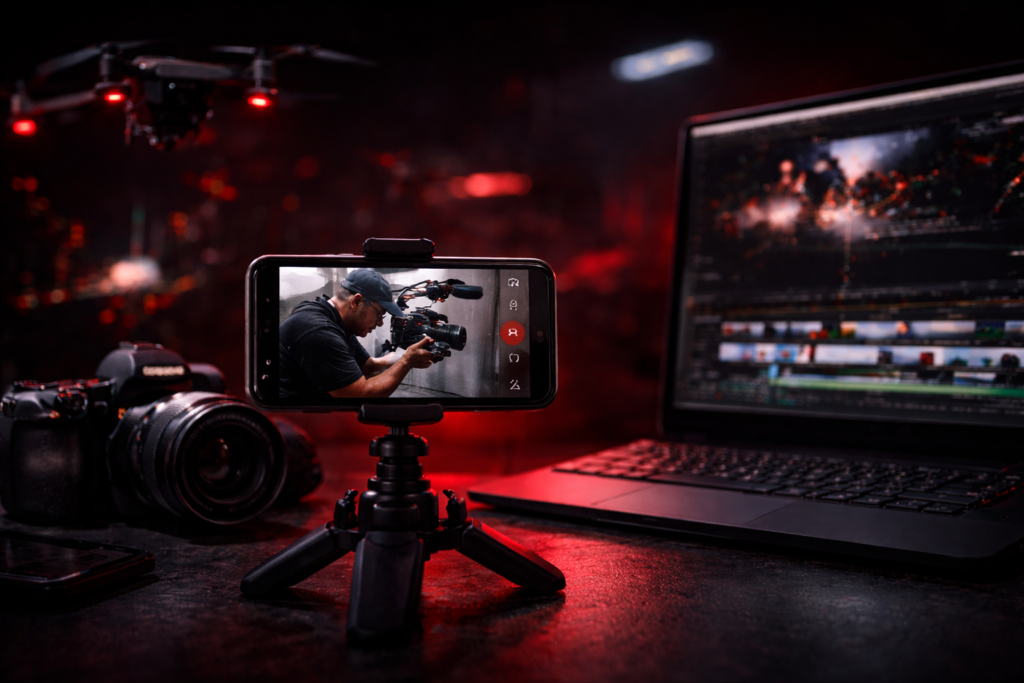 produção de vídeo profissional em ação